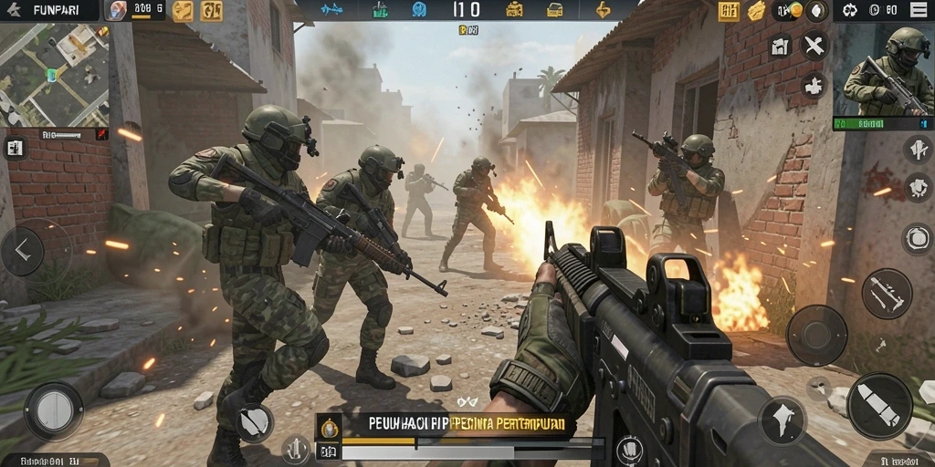 Tangkapan layar gameplay intens dari FUNPARI yang memperlihatkan aksi pertempuran.