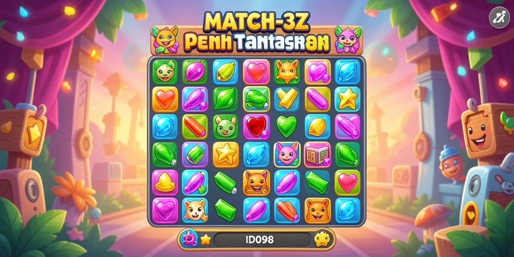 Screenshot utama menunjukkan gameplay seru dari ID098 dengan pencocokan item warna-warni.
