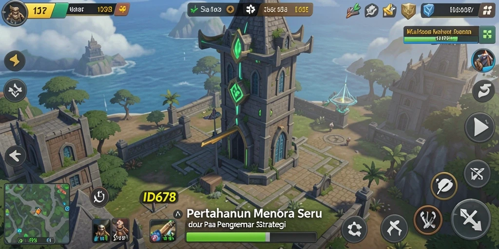 Screenshot utama ID678 menampilkan aksi menara pertahanan yang dinamis.
