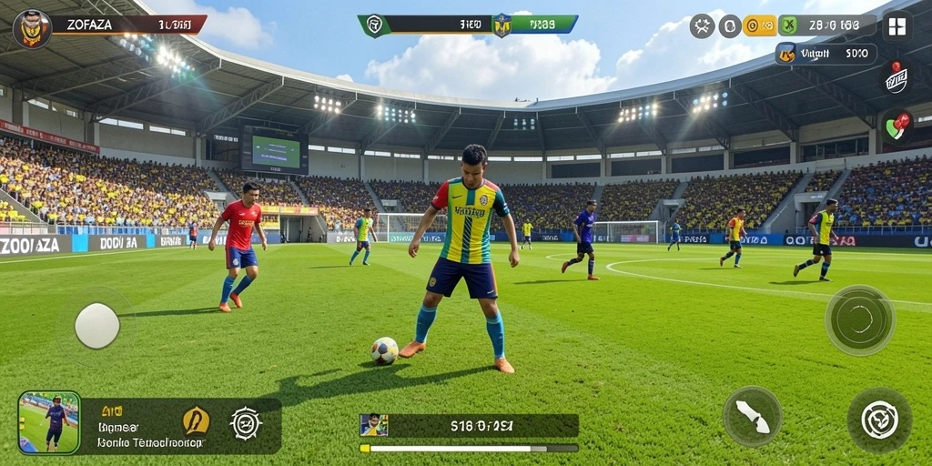 Screenshot gameplay ZOFAZA yang menampilkan aksi seru di lapangan sepak bola.